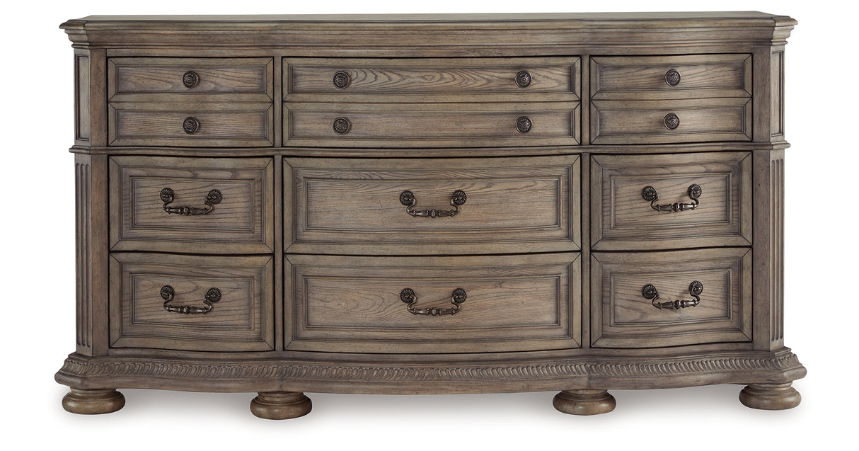 Ardenfield King Upholstered Sleigh Bed with Dresser in Light Brown from Ashley Furniture - Luna Furniture