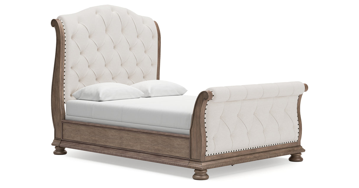 Ardenfield Queen Upholstered Sleigh Bed with Mirrored Dresser and 2 Nightstands in Light Brown from Ashley Furniture - Luna Furniture