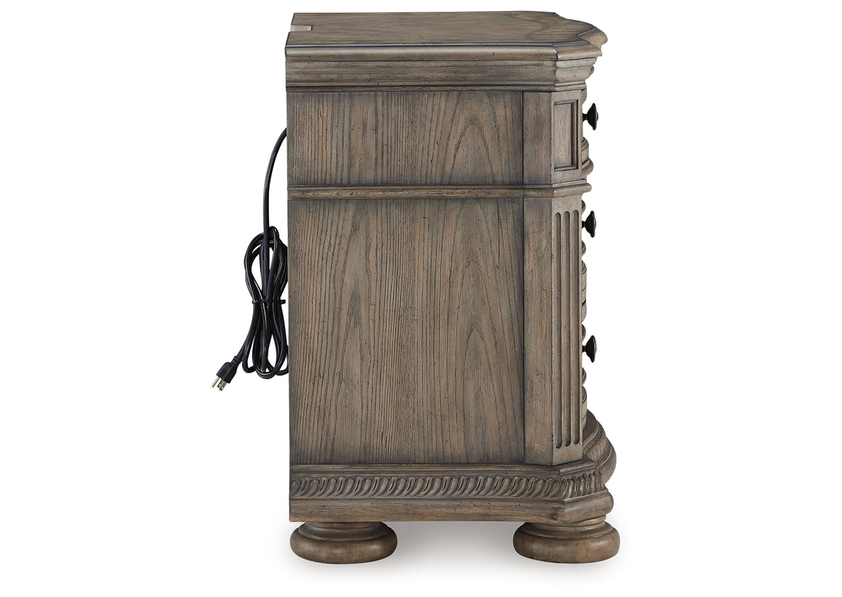 Ardenfield King Upholstered Sleigh Bed with Mirrored Dresser, Chest and Nightstand in Light Brown from Ashley Furniture - Luna Furniture