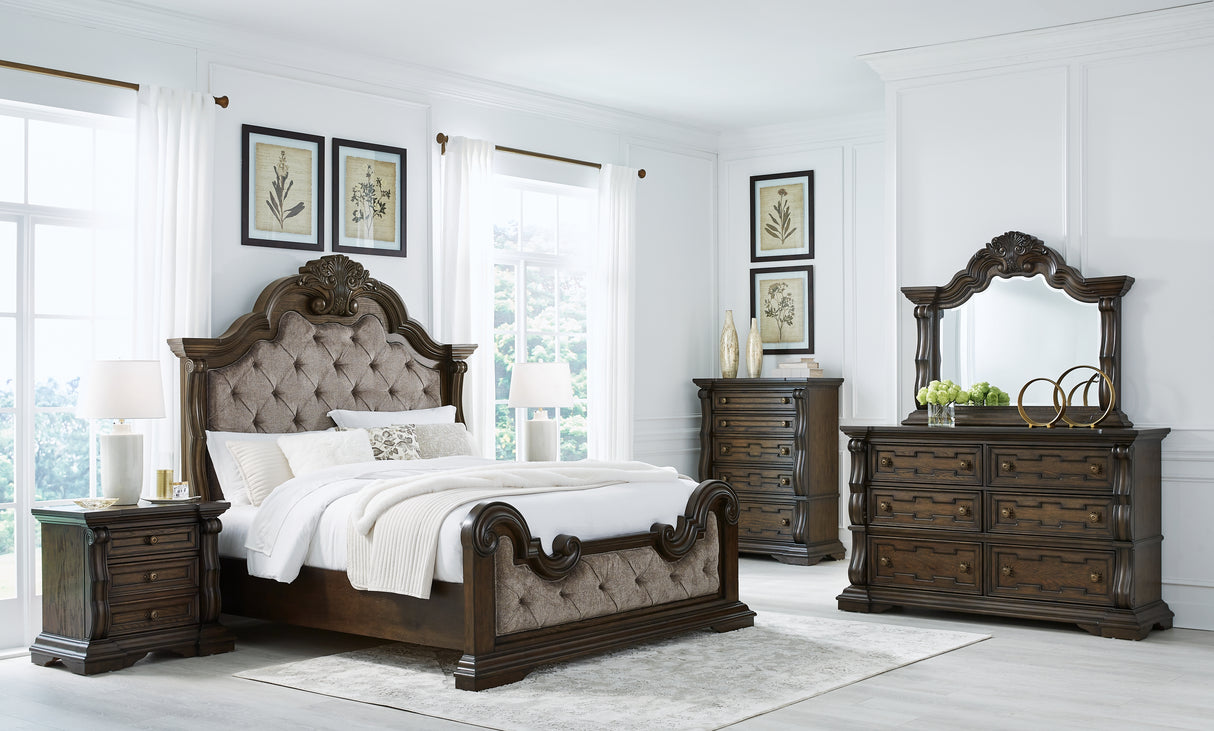 Maylee Dark Brown Queen Upholstered Bed with Mirrored Dresser from Ashley - Luna Furniture