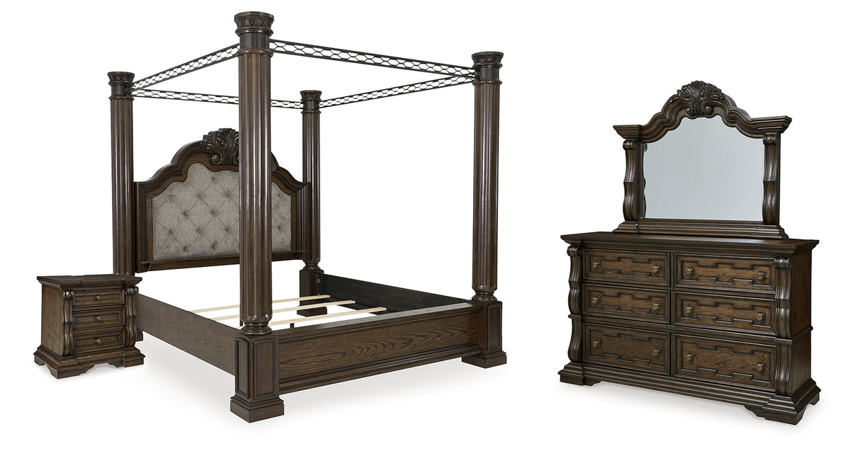 Maylee King Canopy Bed with Mirrored Dresser and Nightstand in Dark Brown from Ashley - Luna Furniture