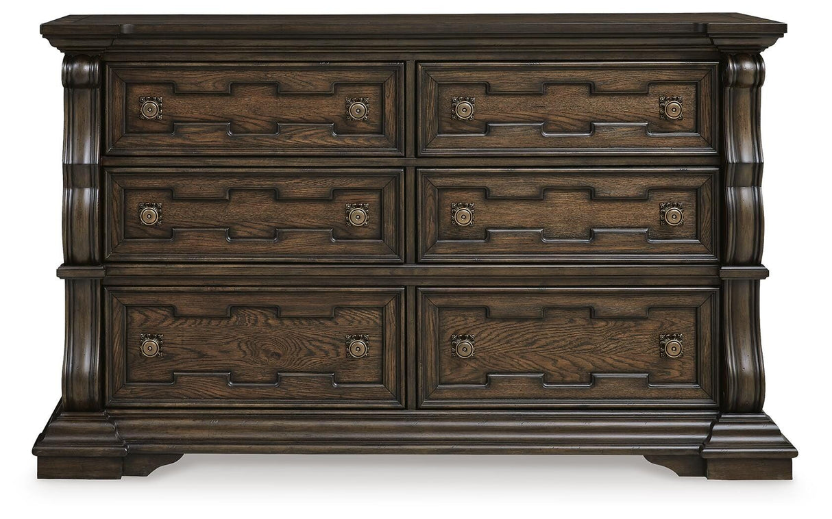 Maylee Dark Brown Queen Upholstered Bed, Dresser and 2 Nightstands from Ashley - Luna Furniture