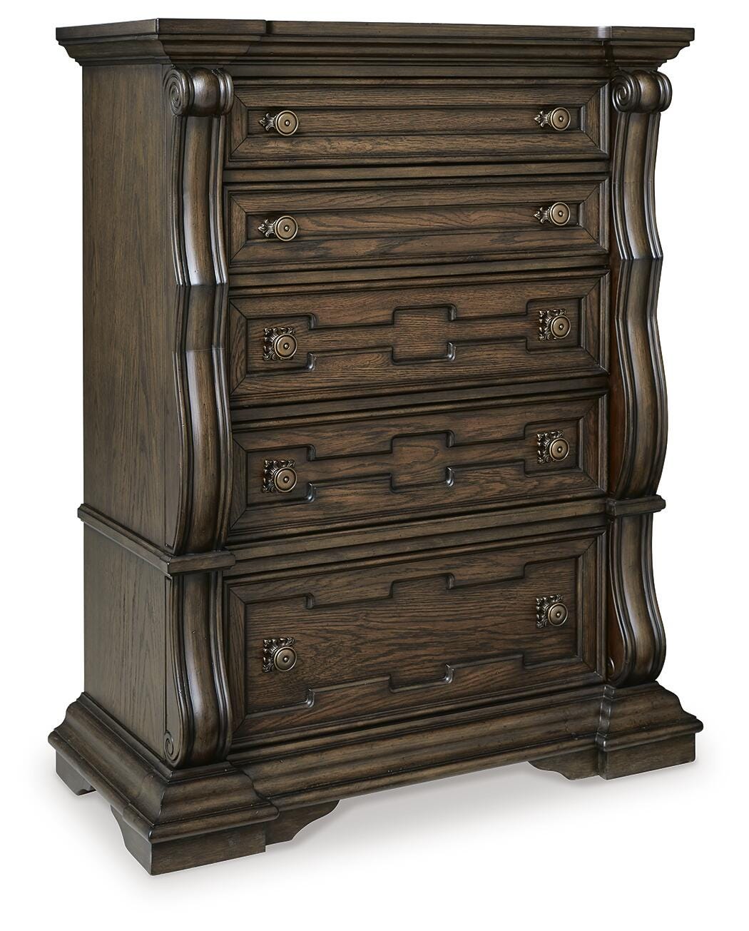 Maylee Dark Brown King Panel Bed, Dresser, Mirror, Chest and Nightstand from Ashley - Luna Furniture