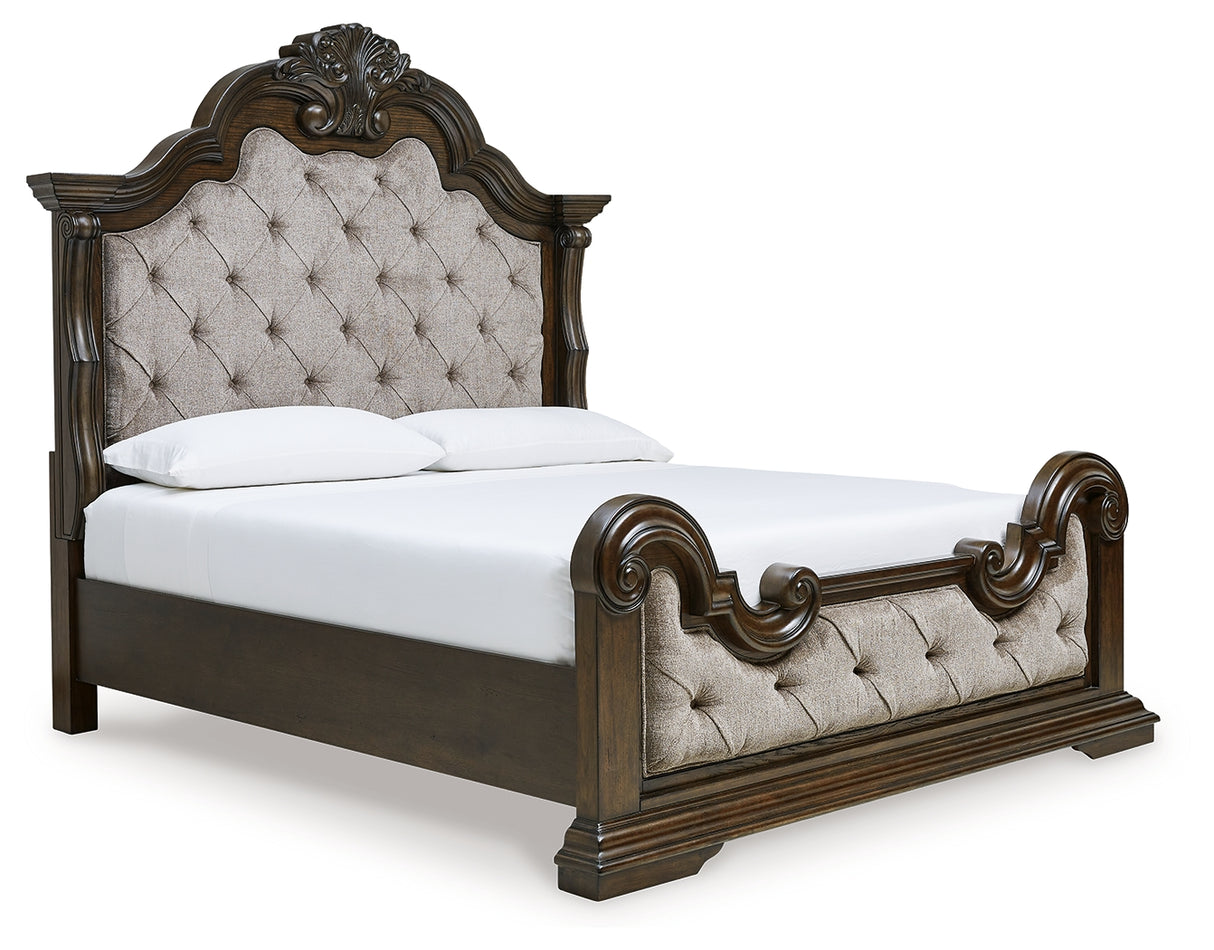 Maylee Dark Brown King Upholstered Bed with Mirrored Dresser from Ashley - Luna Furniture