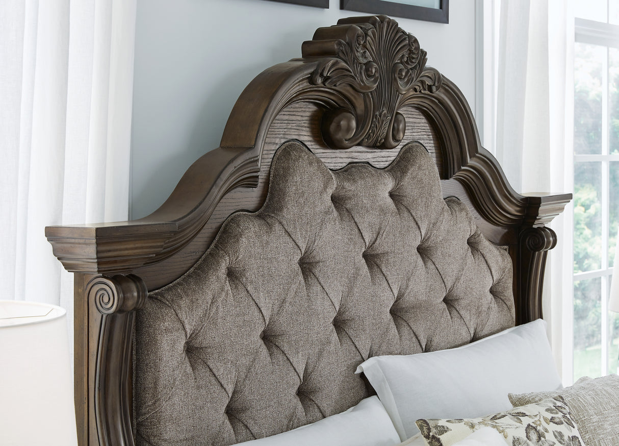 Maylee Dark Brown King Upholstered Bed with Mirrored Dresser from Ashley - Luna Furniture