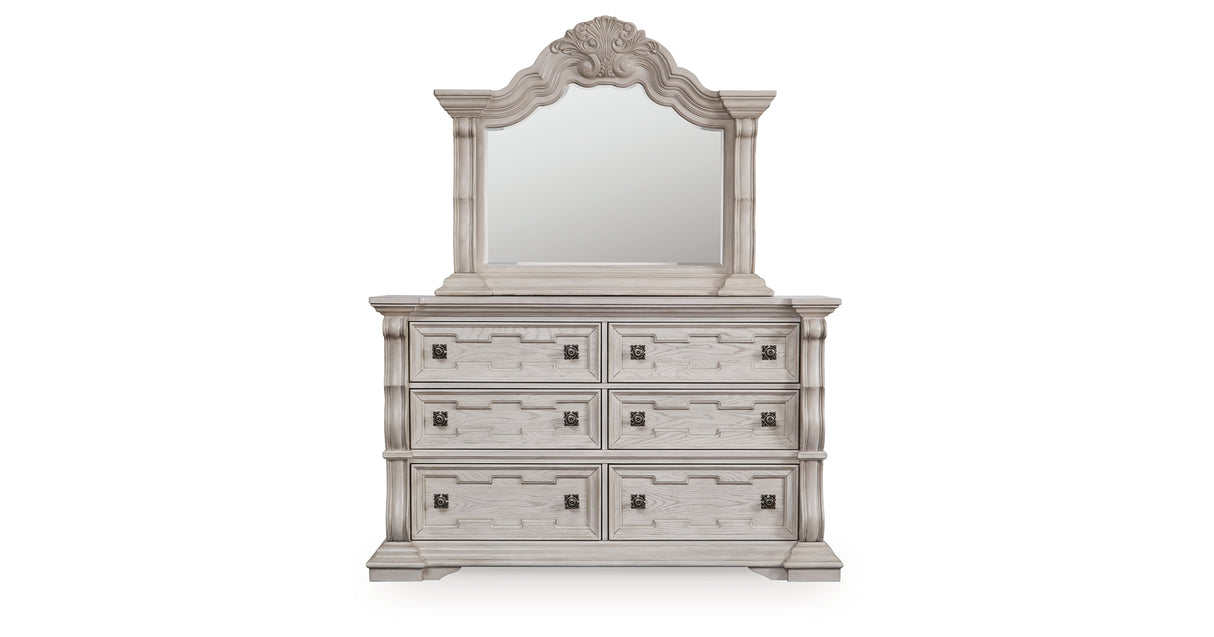 Bruchandi King Upholstered Panel Bed with Mirrored Dresser in Antique White from Ashley - Luna Furniture