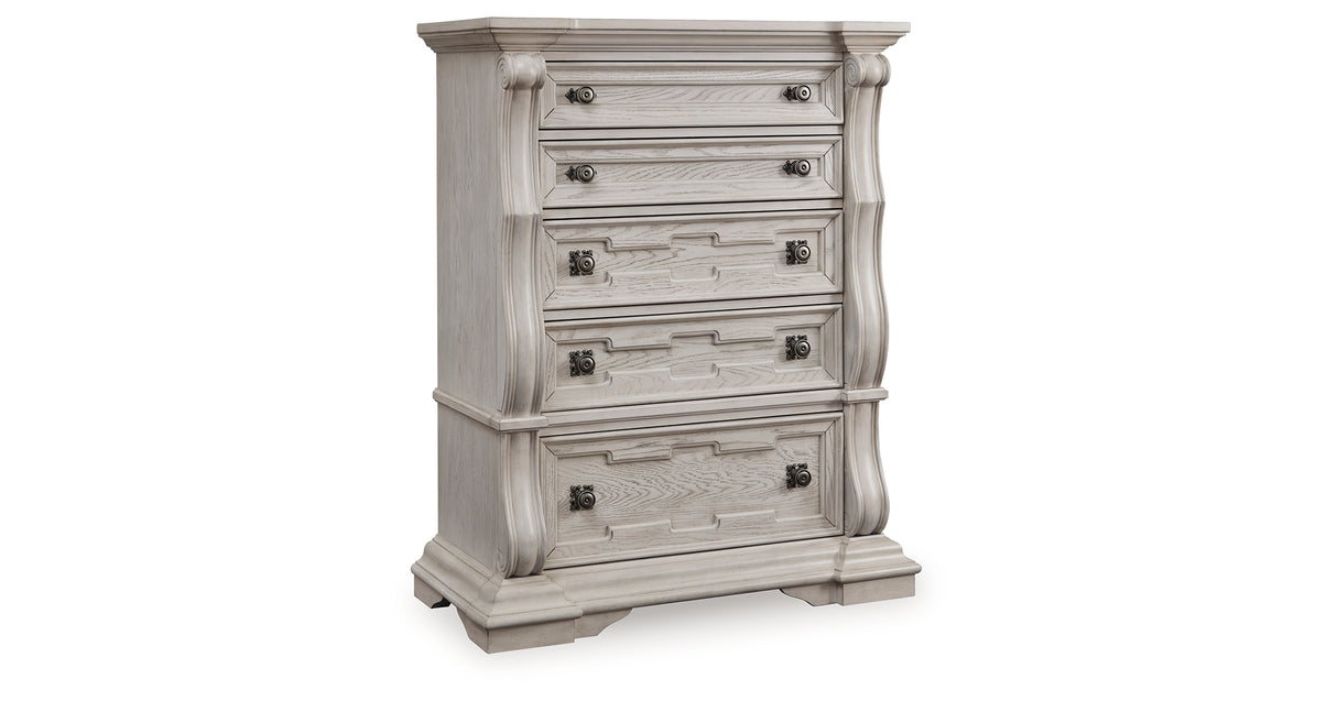 Bruchandi King Upholstered Panel Bed with Dresser and Chest in Antique White from Ashley Furniture - Luna Furniture