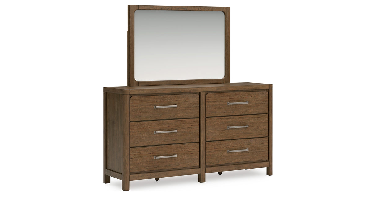 Cabalynn California King Upholstered Bed with Mirrored Dresser and Nightstand in Light Brown from Ashley Furniture - Luna Furniture