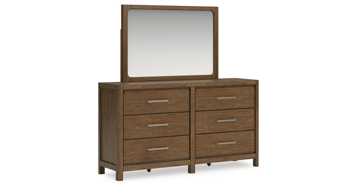 Cabalynn Queen Panel Bed with Storage with Mirrored Dresser and Nightstand in Light Brown from Ashley Furniture - Luna Furniture