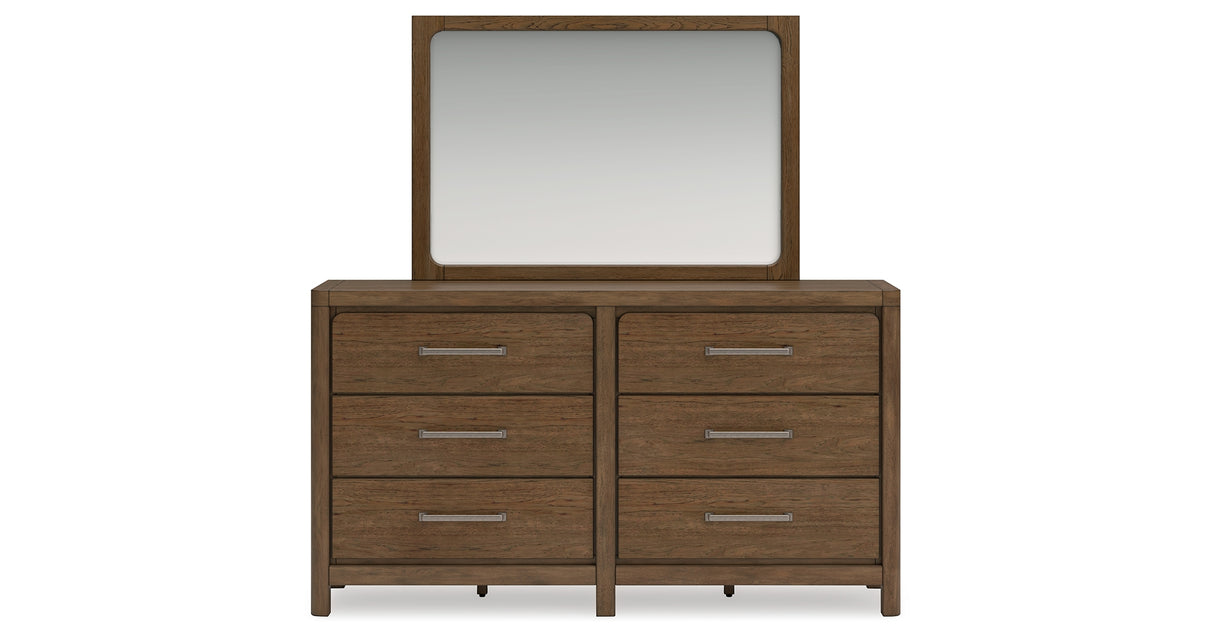 Cabalynn California King Upholstered Bed with Mirrored Dresser and Nightstand in Light Brown from Ashley Furniture - Luna Furniture