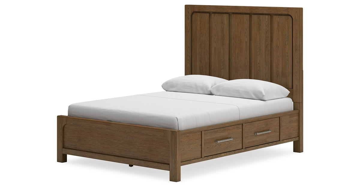 Cabalynn Queen Panel Bed with Storage with Mirrored Dresser and Nightstand in Light Brown from Ashley Furniture - Luna Furniture