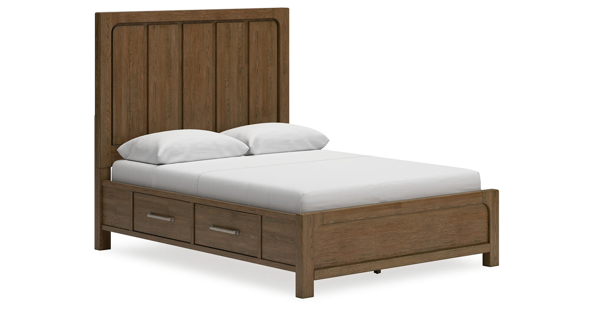 Cabalynn Queen Panel Bed with Storage with Mirrored Dresser and Nightstand in Light Brown from Ashley Furniture - Luna Furniture