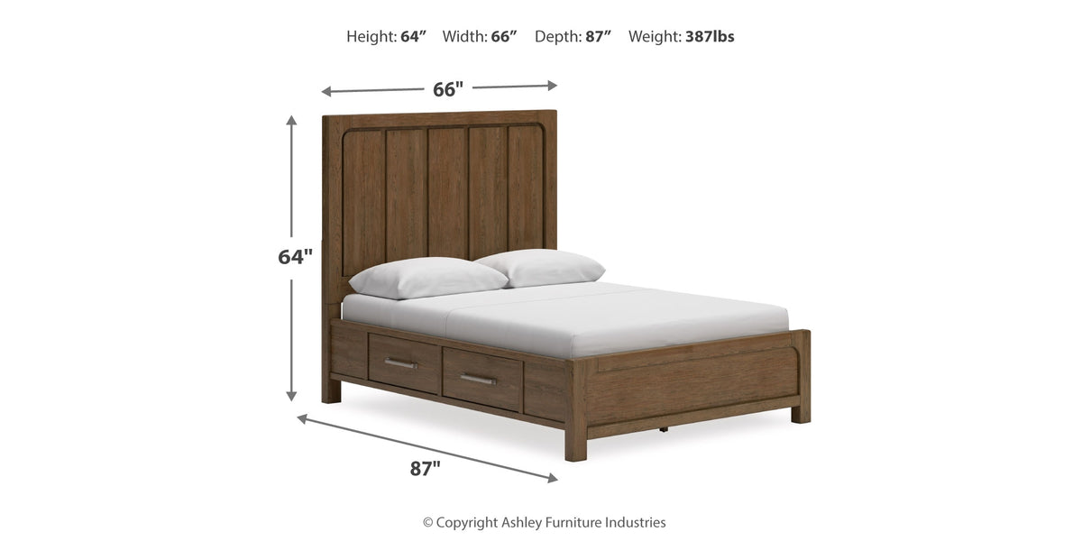 Cabalynn Queen Panel Bed with Storage with Mirrored Dresser and Nightstand in Light Brown from Ashley Furniture - Luna Furniture