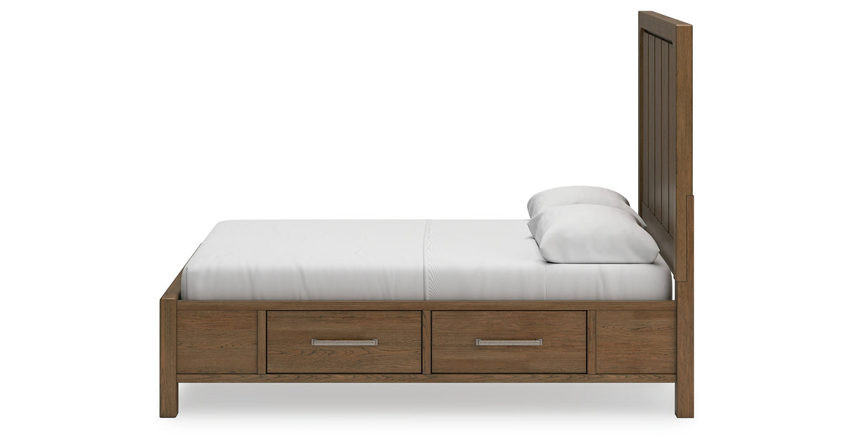Cabalynn Queen Panel Bed with Storage with Mirrored Dresser and Nightstand in Light Brown from Ashley Furniture - Luna Furniture