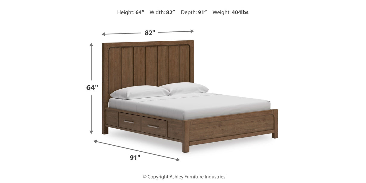 Cabalynn California King Panel Bed with Storage with Mirrored Dresser in Light Brown from Ashley Furniture - Luna Furniture