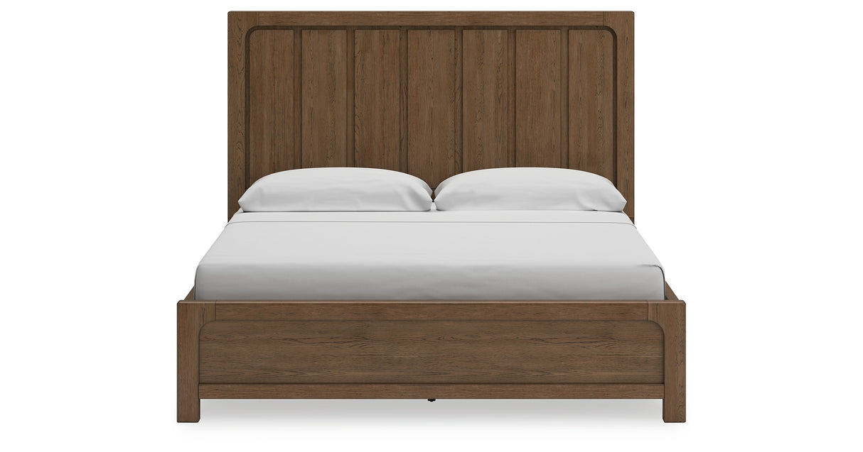Cabalynn California King Panel Bed with Storage with Mirrored Dresser and 2 Nightstands in Light Brown from Ashley Furniture - Luna Furniture