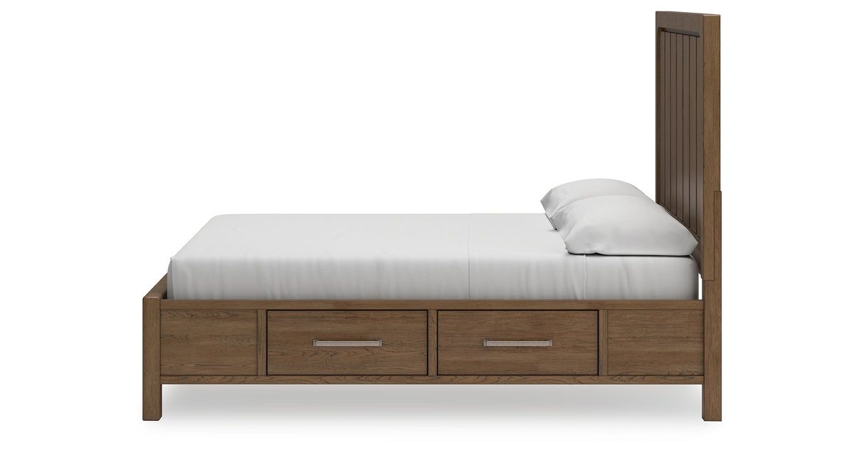 Cabalynn California King Panel Bed with Storage with Mirrored Dresser, Chest and 2 Nightstands in Light Brown from Ashley Furniture - Luna Furniture