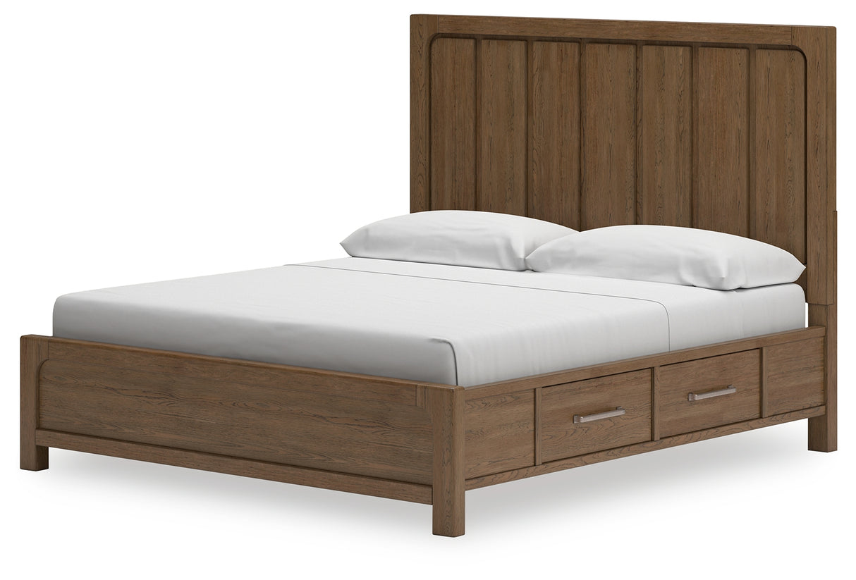 Cabalynn King Panel Bed with Storage with Mirrored Dresser in Light Brown from Ashley Furniture - Luna Furniture