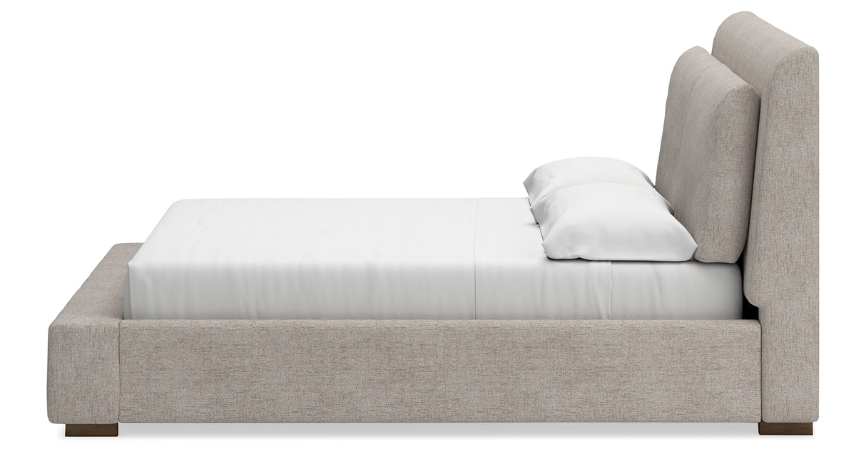 Cabalynn King Upholstered Bed with Mirrored Dresser and Chest in Light Brown from Ashley Furniture - Luna Furniture