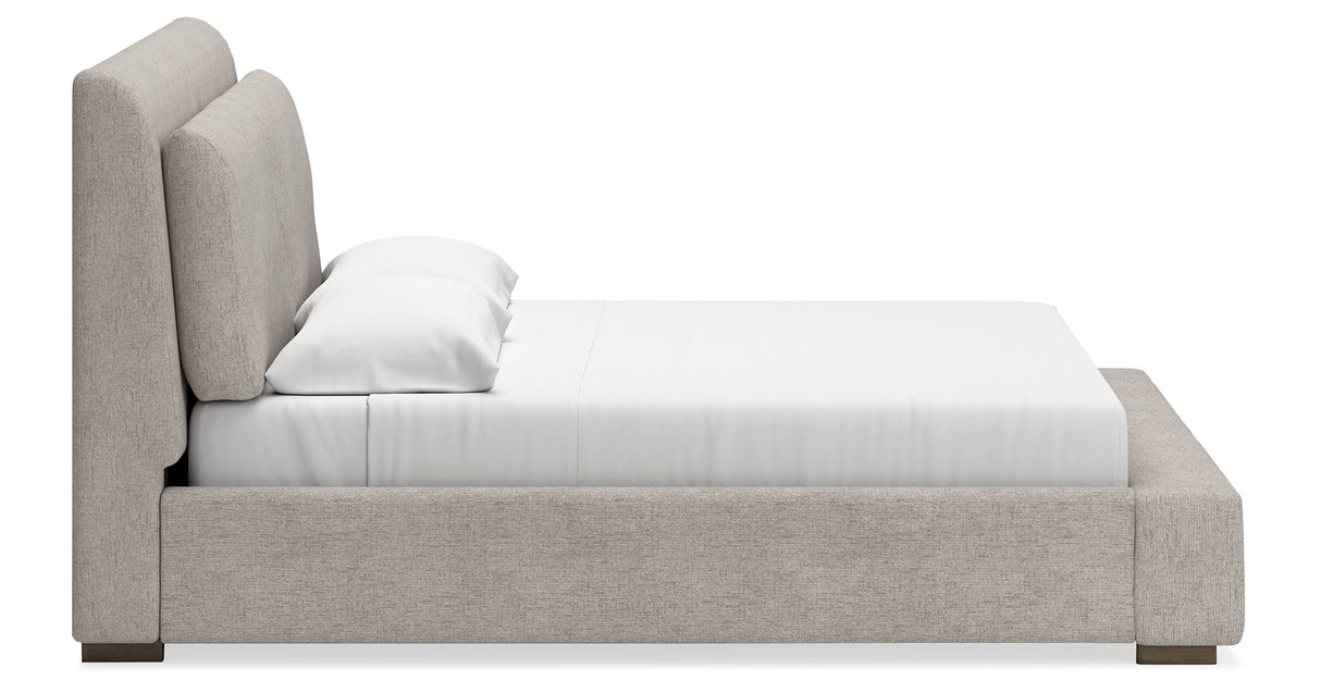 Cabalynn California King Upholstered Bed with Mirrored Dresser and Nightstand in Light Brown from Ashley Furniture - Luna Furniture