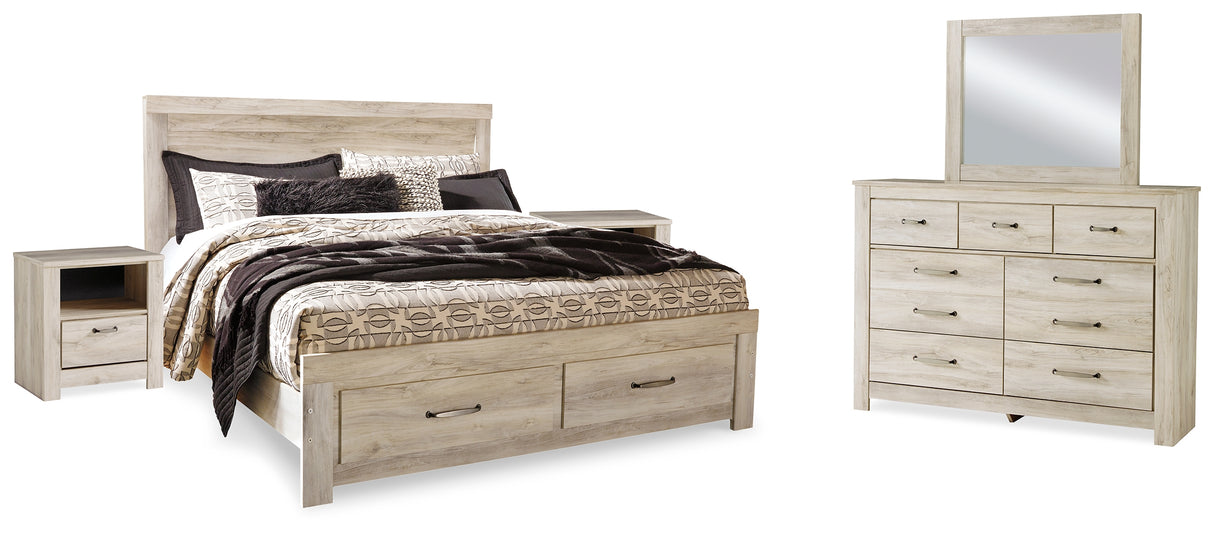 Bellaby Whitewash King Panel Storage Bed, Dresser, Mirror and 2 Nightstands from Ashley Furniture - Luna Furniture