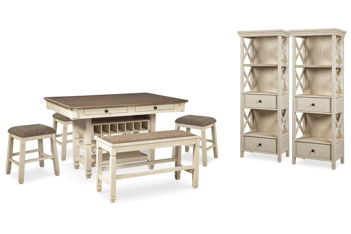 Bolanburg Antique White Counter Height Dining Table, 4 Stools, Bench and 2 Display Cabinets from Ashley - Luna Furniture