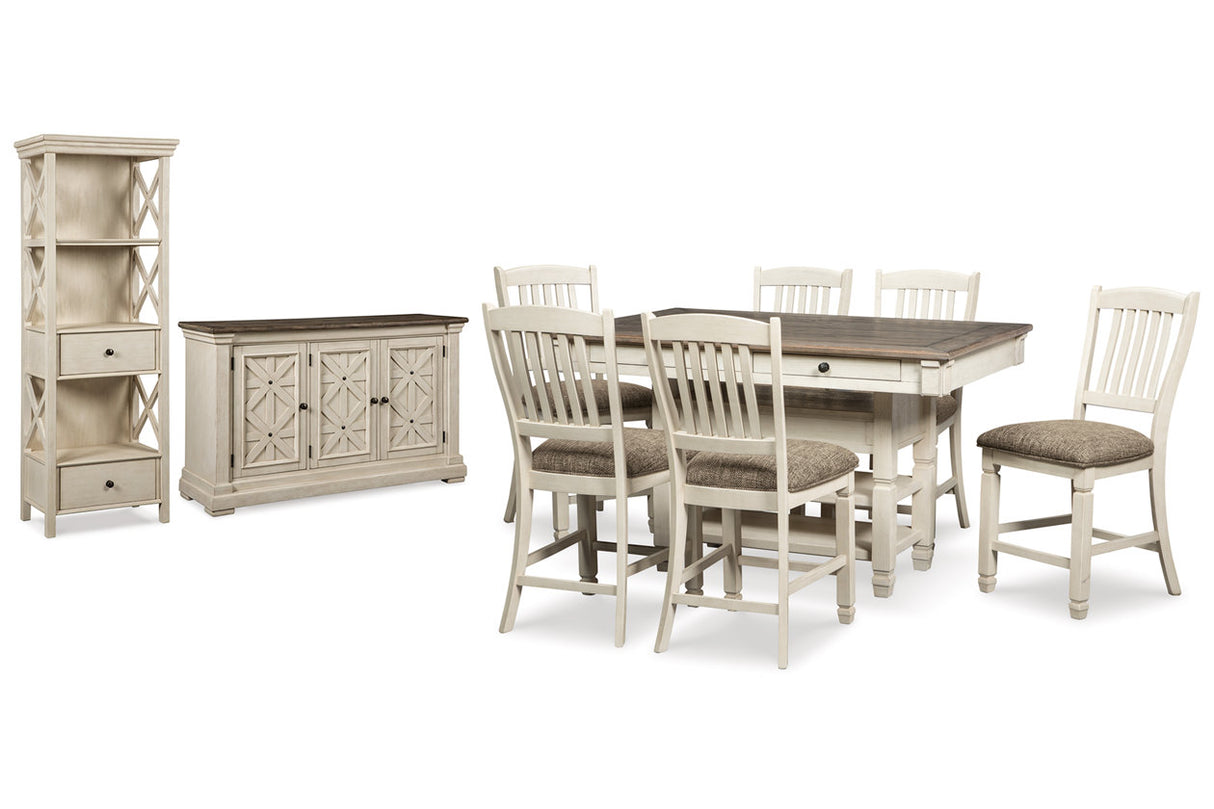 Bolanburg Antique White Counter Height Table with 6 Barstools, Server and Display Cabinet from Ashley - Luna Furniture