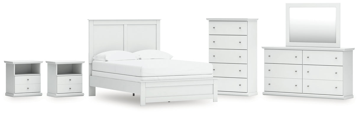 Bostwick Shoals Full Panel Bed with Mirrored Dresser, Chest and 2 Nightstands in White from Ashley Furniture - Luna Furniture