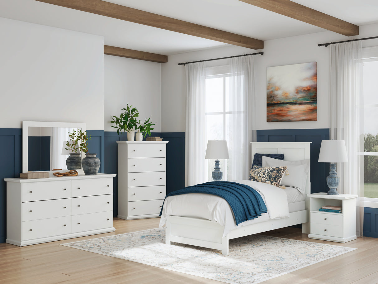 Bostwick Shoals Full Panel Bed with Mirrored Dresser, Chest and Nightstand in White from Ashley Furniture - Luna Furniture