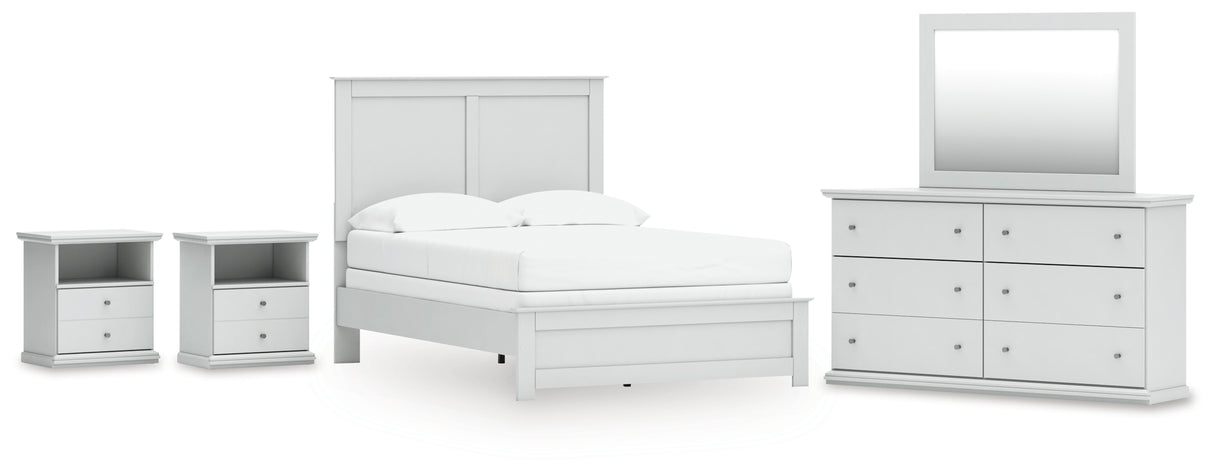 Bostwick Shoals Full Panel Bed with Mirrored Dresser and 2 Nightstands in White from Ashley Furniture - Luna Furniture