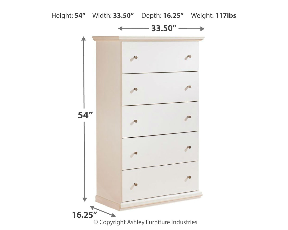 Bostwick Shoals King Panel Bed with Mirrored Dresser, Chest and Nightstand in White from Ashley - Luna Furniture