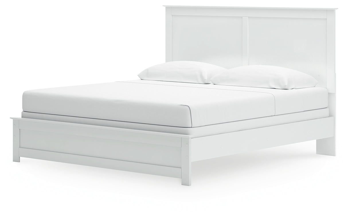 Bostwick Shoals King Panel Bed with Mirrored Dresser and Nightstand in White from Ashley - Luna Furniture