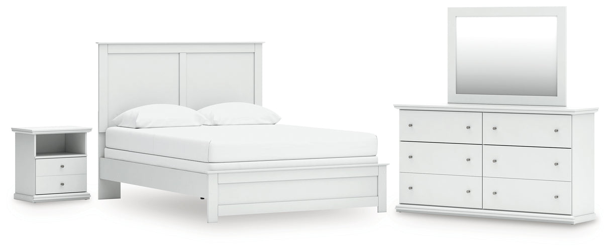 Bostwick Shoals Queen Panel Bed with Mirrored Dresser and Nightstand in White from Ashley - Luna Furniture