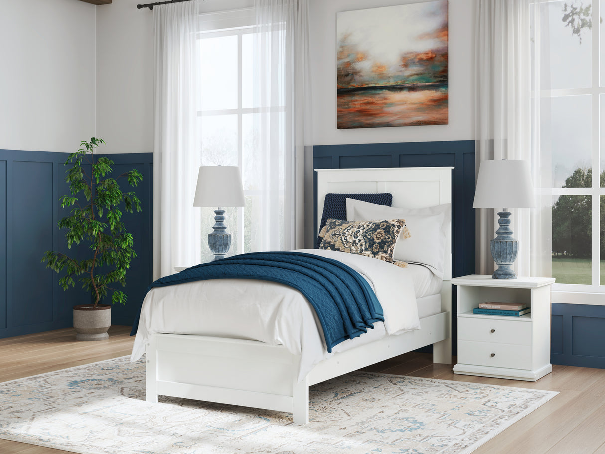Bostwick Shoals Twin Panel Bed with Mirrored Dresser and Chest in White from Ashley - Luna Furniture