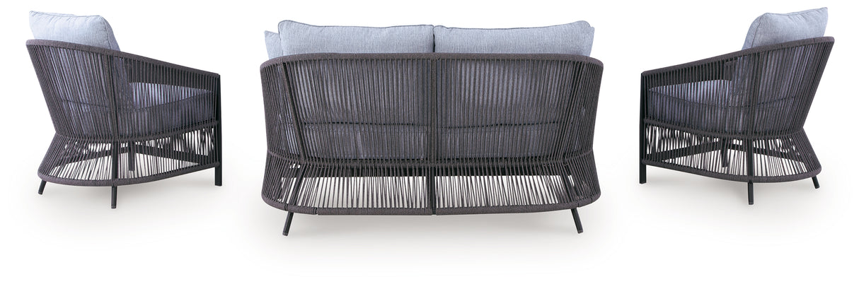 Bridges Beach Gray Outdoor Love/Chairs/Table Set (Set of 4) from Ashley - Luna Furniture