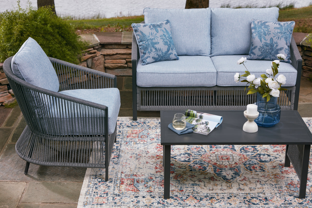 Bridges Beach Gray Outdoor Love/Chairs/Table Set (Set of 4) from Ashley - Luna Furniture