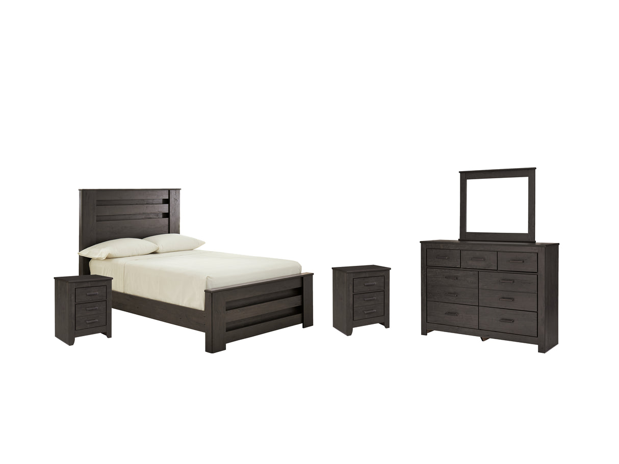 Brinxton Full Panel Bed with Mirrored Dresser and 2 Nightstands in Charcoal from Ashley - Luna Furniture