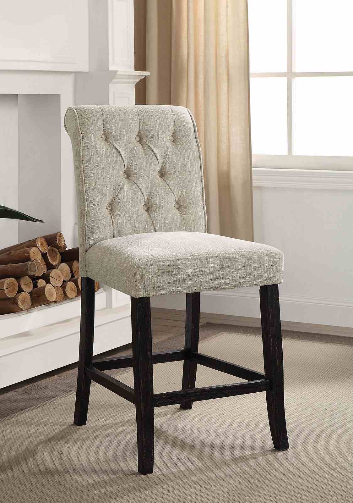 Izzy counter height chair, beige tufted back and antique black frame, front view