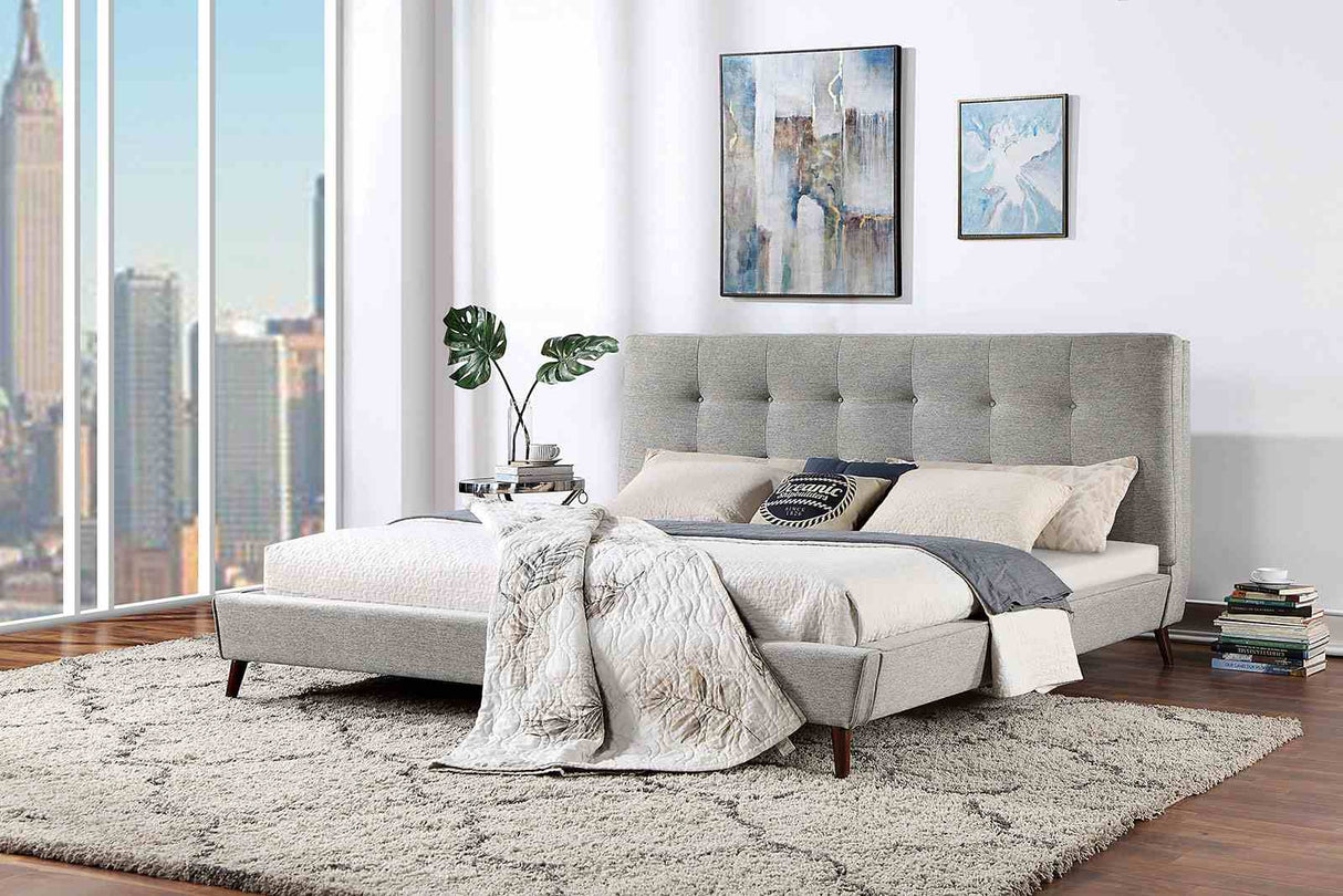 Leomin Gray California King Bed, tufted gray headboard and low-profile frame, staged view