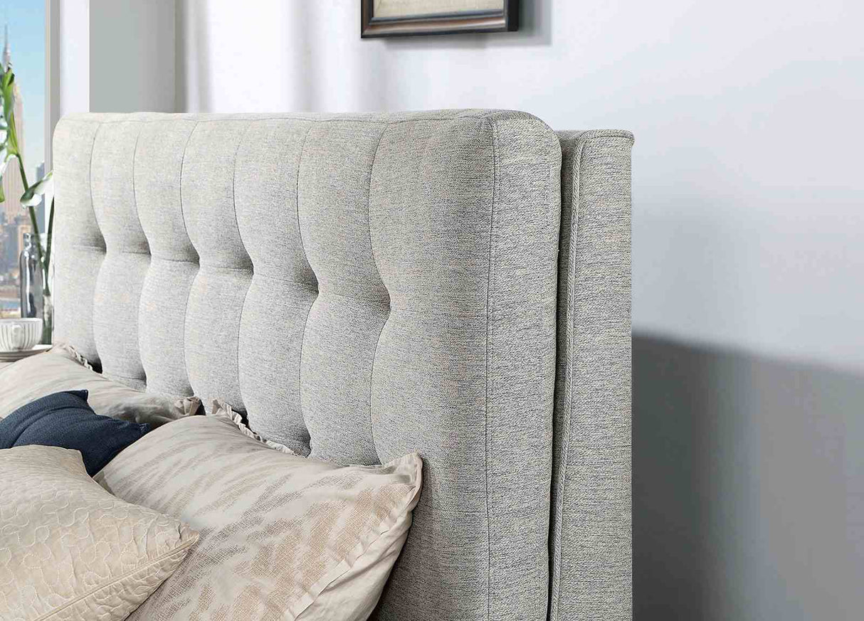 Leomin Gray California King Bed, close-up tufted gray headboard side profile