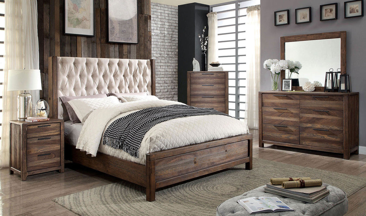 Hutchinson Rustic Natural Tone/Beige Upholstered Tufted Queen Bed from Furniture of America - Luna Furniture
