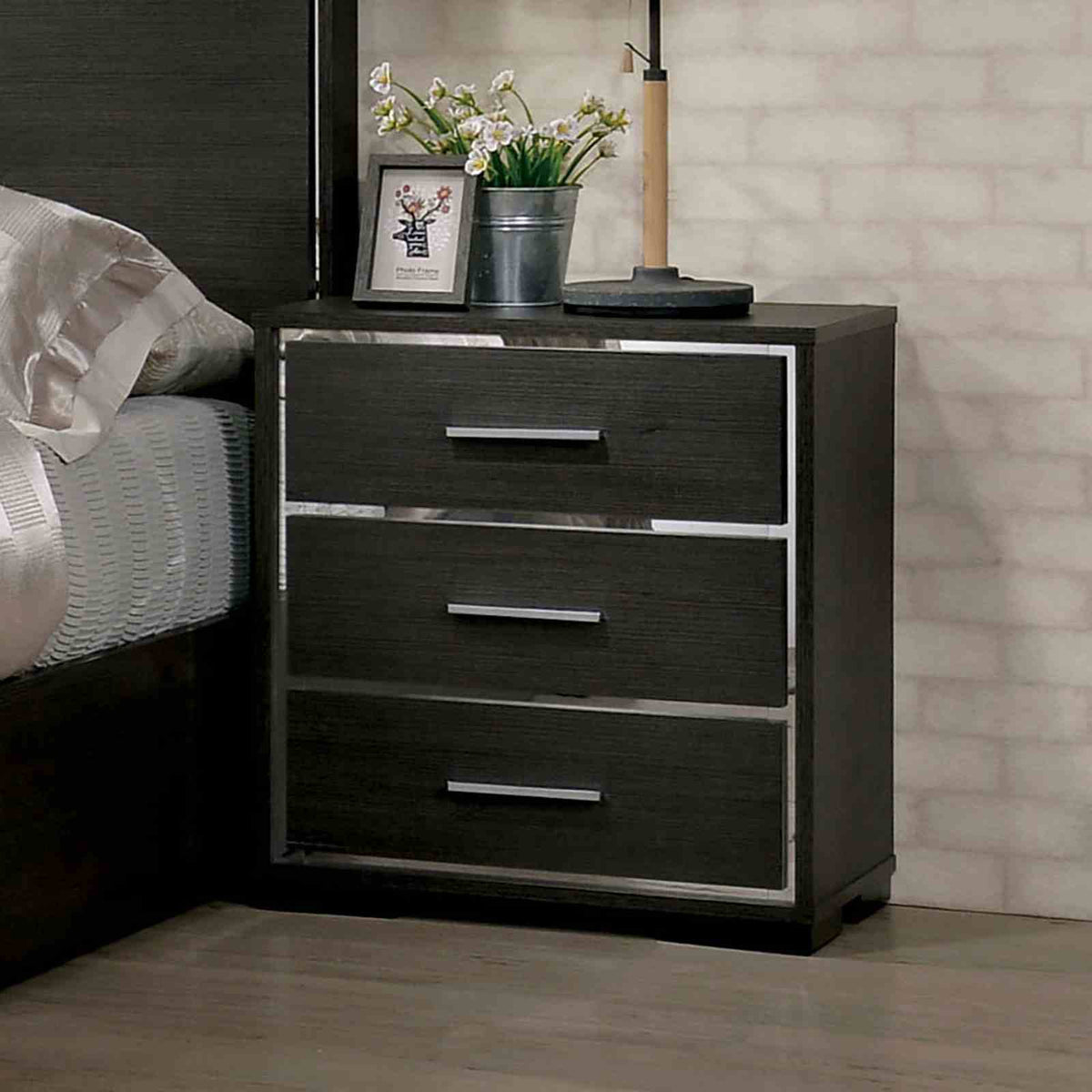 Camryn Warm nightstand, three drawers with chrome trim and USB charging, front view