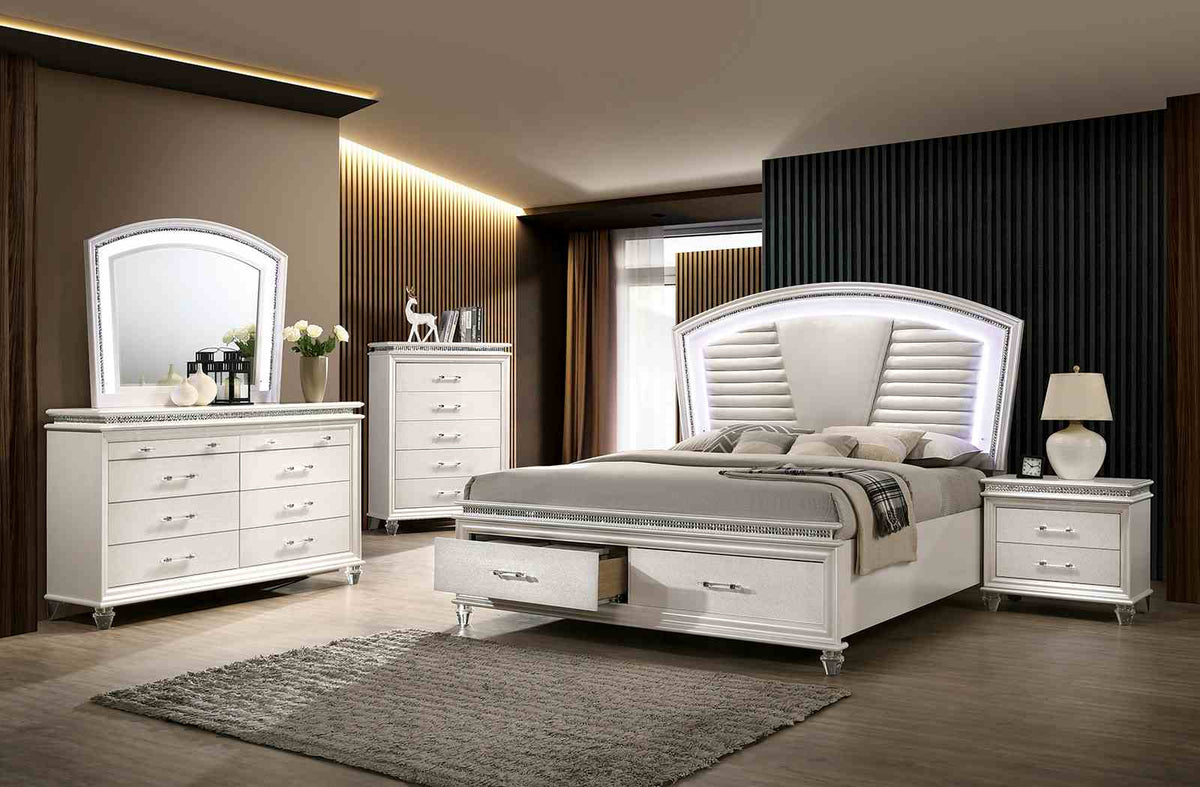 Maddie Pearl White bedroom set, California king bed and matching case pieces, glam pearl finish