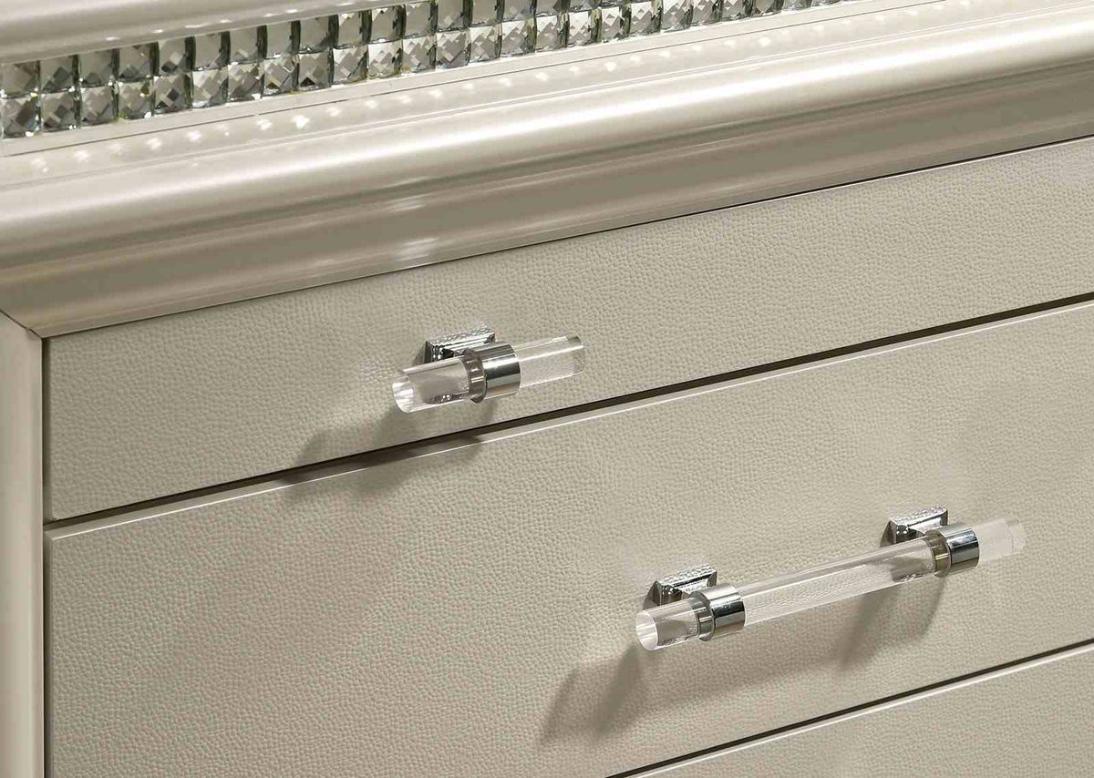 Maddie Pearl White dresser, crystal acrylic pulls and textured pearl finish, close-up