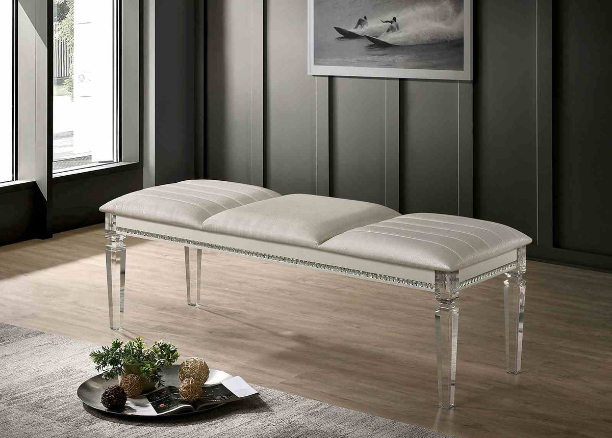 Maddie Pearl accent bench, pearl white upholstery and clear acrylic legs, front three-quarter view