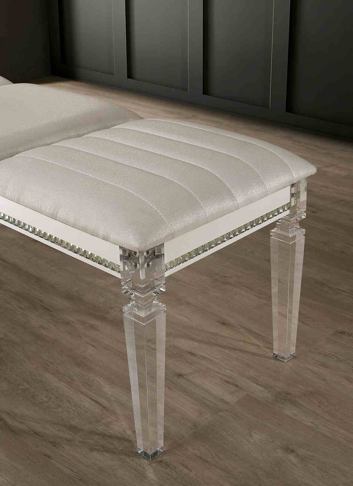 Maddie Pearl bench, quilted pearl white seat and clear acrylic legs, close-up detail