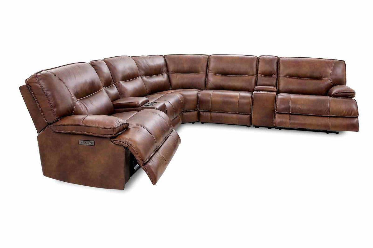 Louella Brown sectional, brown leather, power recliners with console, three-quarter view