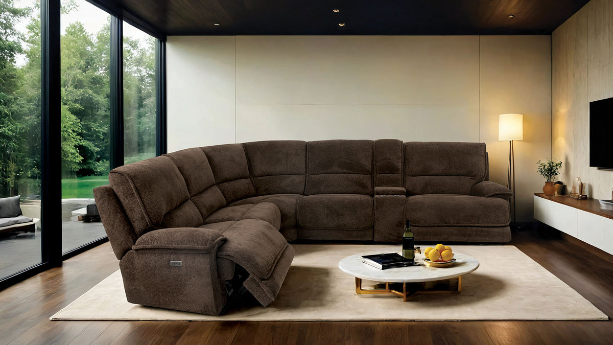 Damasus Java Power Sectional, oversized brown L-shape with reclining chaise, three-quarter view