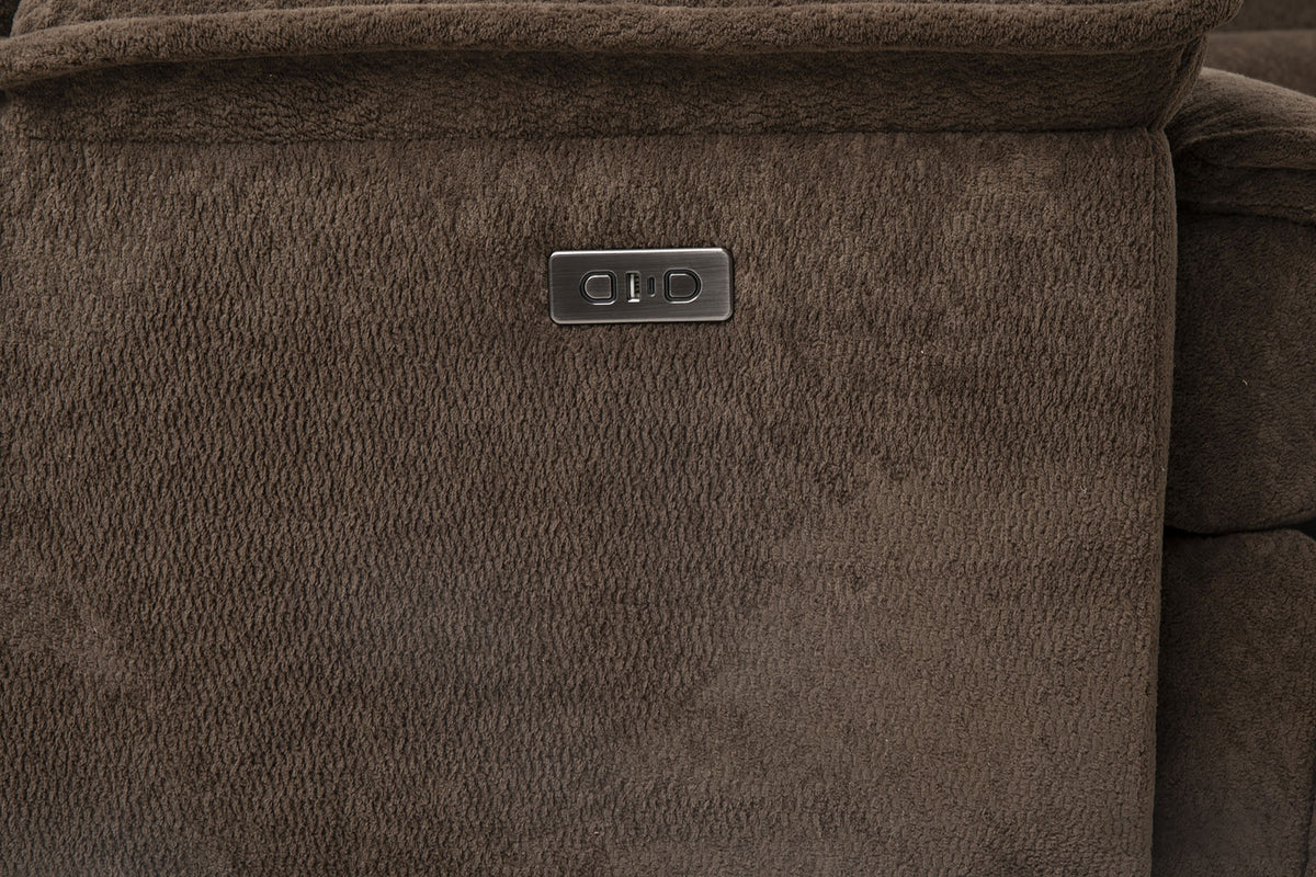 Damasus Java Power Sectional power button, plush brown upholstery and reclining control detail