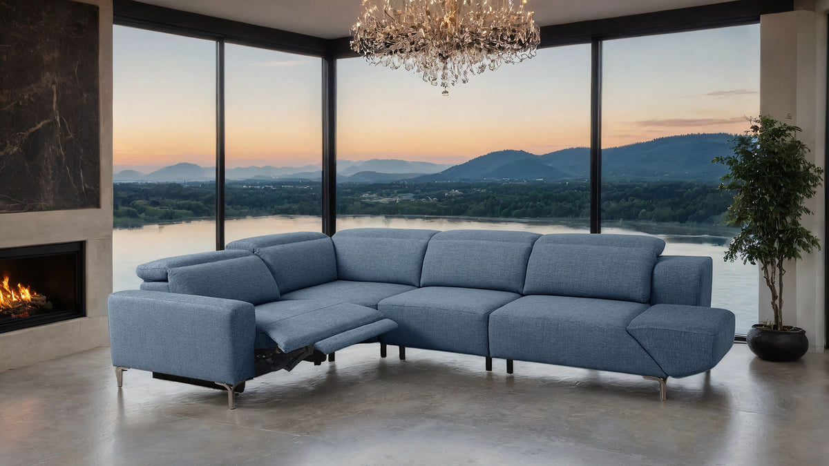 Melancton Blue sectional, full lifestyle view with recliner open, modern blue upholstery
